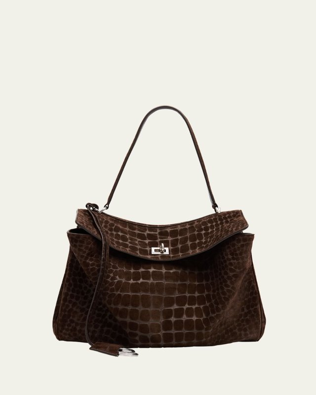 Rodeo Medium Croc-Embossed Suede Top-Handle Bag
